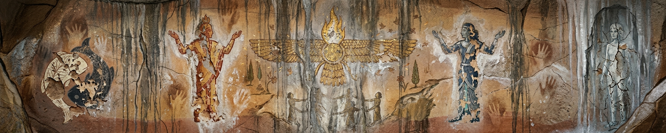 The painted cave wall: from left, the two boteh fish, Mehr the sun-dancer, the winged flame of Atar, a circle of dancers, Anahita the moon-dancer, and Zemaka the watcher in the cold.